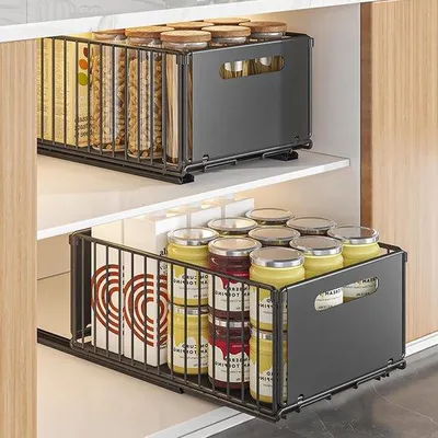 Obrázok produktu pre 2-dielny – kuchynský zásuvkový organizér – zásuvky – organizér na záhradné náradie – organizér do zásuviek – organizér do kuchynských skríň – kuchynská polica – teleskopický – organizér – vysúvateľný – nastaviteľný – čierny – 25 x 37 x 19 cm (Š x H x V)