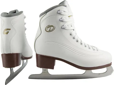 A pair of white ice skates with brown heels and gold logos, presented against a white background.