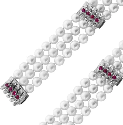 Produktbild von Perlen Armband Weißgold 585 Akoyaperlen rote Rubine Antikschmuck 19