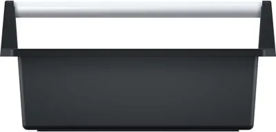 A black tool caddy with a silver handle is shown against a white background.