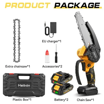 Produktbild von Mini Kettensäge - Akku Motorsäge 15 cm - 1500W Kupfermotor - 6 m/s Kettengeschwindigkeit - 4000 U/min - Für 18V Akku - Set mit 2 Akkus
