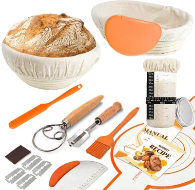 Image de Kit de 10 pièces pour la fabrication de pain, comprenant un panier, un récipient de fermentation et des accessoires