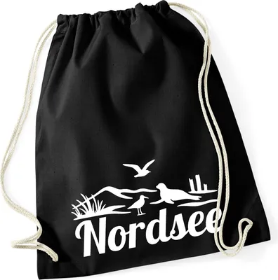 Produktbild von Huuraa Turnbeutel Nordsee Strandmotiv 12 Liter Black Baumwolle Rucksack Geschenkidee