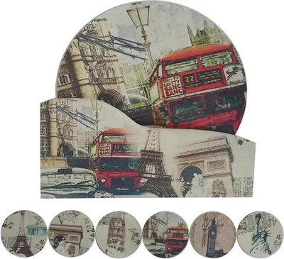 Image de Sous-verres ronds en bois avec support, lot de 6, sous-verres vintage, 10 cm
