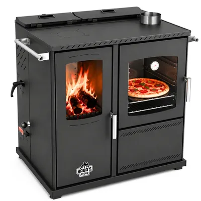 Produktbild von Babas Saphire Hybridofen Pellets und Holz Kombiofen Kaminofen mit Backfach und Herdplatte 10 kW Pelletofen ohne Strom Holzofen Holz Ofen Kamin