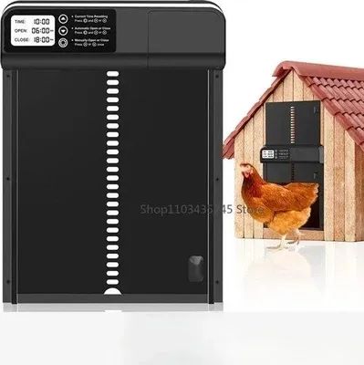 Obrázek produktu pro Automatická branka do kurníku – voděodolná – 320 x 244 mm – černá – napájení na baterie – včetně 3 baterií AA
