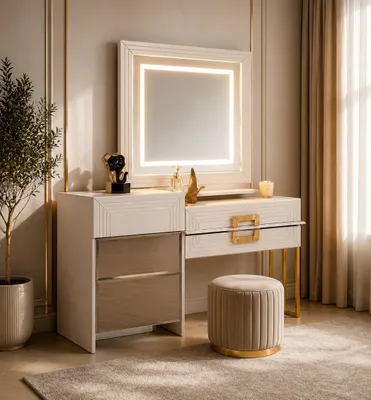 Image de Coiffeuse avec miroir et touches dorées – Meubles élégants « Modern Beige »