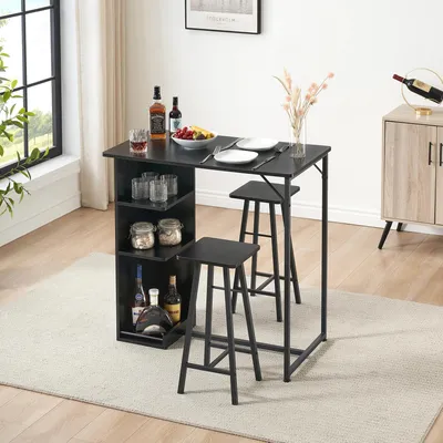 Image de Table de bar avec 2 chaises - Ensemble de bar 3 pièces - Hauteur de comptoir - Étagères - Structure métallique - Assises en bois - Noir/bois