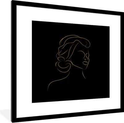 Produktbild von MuchoWow® Gerahmtes Poster Frau - Schwarz - Gold - Strichzeichnung 40x40 cm - Poster mit Schwarzem Bilderrahmen Wandposter Rahmen Foto Bilder - Poster - Plakat im Rahmen