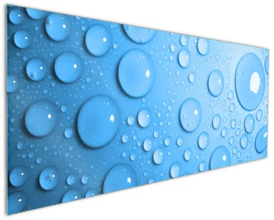 Produktbild von Wallario Küchenrückwand aus Glas, Größe: 125 x 50 cm, Motiv: Wassertropfen auf Blau | Spritzschutz | abwischbar | pflegeleicht | in