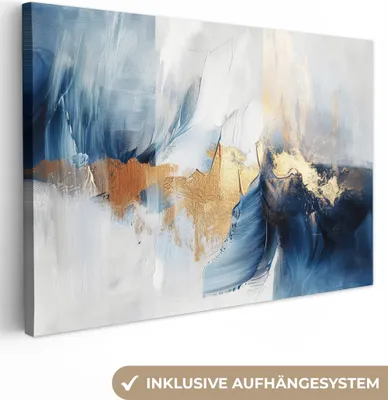 Obrázek produktu pro Obývací pokoj 120x80 cm - Abstraktní a moderní - Modrá - Bílá - Zlatá, plátno, obraz, nástěnná dekorace, malba