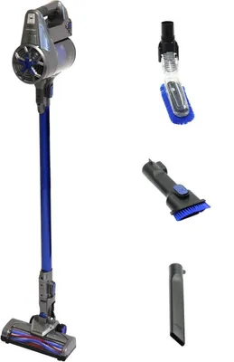 A cordless stick vacuum cleaner and its attachments on a white background.