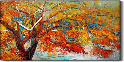 Produktbild von Leinwand Uhr Küche Wohnzimmer Bild 60x30 Wand Kunst Bild Landschaft Baum Herbst - weiße Hände