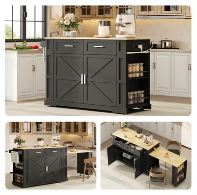 Immagine prodotto di Carrello da cucina 120x50x93, con piano di lavoro estendibile, presa di corrente, 2 cassetti, armadietto con doppia porta, ripiano regolabile, portasciugamani, 7 ruote, colore nero/noce.