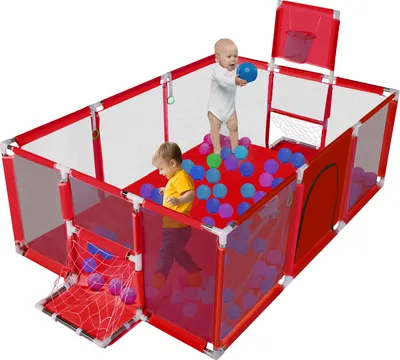 Obrázok produktu pre CAMTOA Detská ohrádka 180 x 122 cm Detská ohrádka s basketbalovým košom Futbalová bránka Detská ohrádka Stanová ohrádka Ochranná mriežka Brány na plazenie pre deti, červená