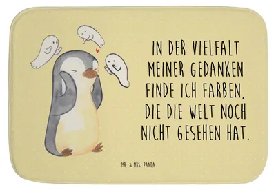 Produktbild von Mr. & Mrs. Panda duschmatte Pinguin Schizophrenie - Gelb Pastell - Geschenk, Psychose, Gefühlswelt, Schizophrene, Badteppich, Badvorleger, Badezimmer Matte, Badematte
