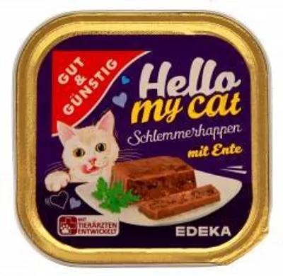 Produktbild von Hello my cat Katzenfutter Schlemmerhappen mit Ente, 32er Pack (32 x 100g Schalen)
