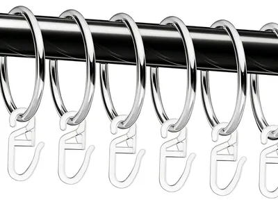 Image de 50 anneaux de rideau en métal et 50 crochets de rideau en plastique, anneaux de rideau noirs / anneaux de rideau de douche, diamètre intérieur de 32 mm (argentés)