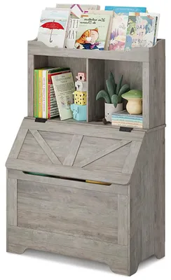 Image de Étagère 2-en-1 pour enfants avec rangement pour jouets - 3 niveaux - 2 compartiments - Couvercle rabattable - Bois - 79 x 40 x 121 cm - Gris clair
