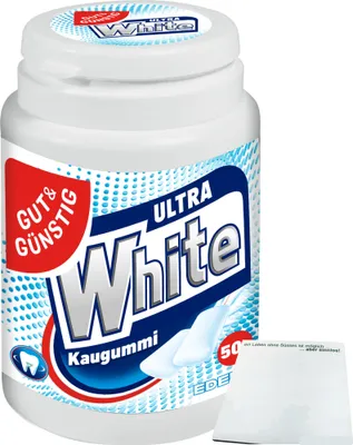 Produktbild von Gut & Günstig Kaugummi Ultra White zuckerfrei 50 Stck. (70,5g Dose) + usy Block