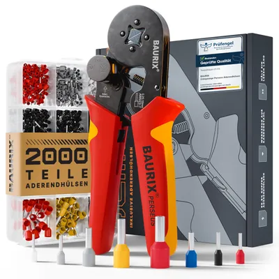 Produktbild von BAURIX® Crimpzange mit 2000 Aderendhülsen Set, Ergonomische Aderendhülsenzange mit Kraftregler für 0,25-10mm², isolierte und unisolierte Aderendhülsen