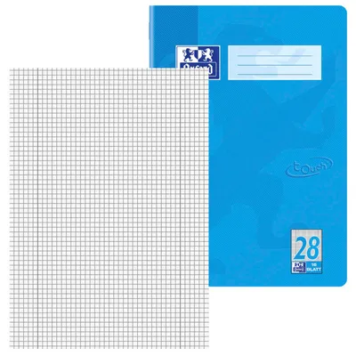 A blue notebook with a grid pattern page in front of it.