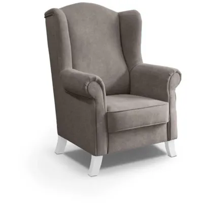 Produktbild von Ohrensessel LEONARDO Relax Sessel für Wohnzimmer, Polstersessel, Plüsch Dunkelbeige, Holzbeine Weiß