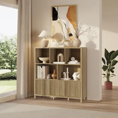 Produktbild von Highboard 'Lukkodso' Kommode 102 x 98 x 30 cm Sideboard mit 3 Türen und 8 Fächern Eicheoptik, mittelhell