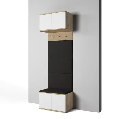 Produktbild von Garderoben-Set Aura Version 5: Schuhschrank mit Polsterpaneelen, Hängeschrank für Flur und Eingangsbereich (Weiß / Eiche Artisan/Trinity 16)