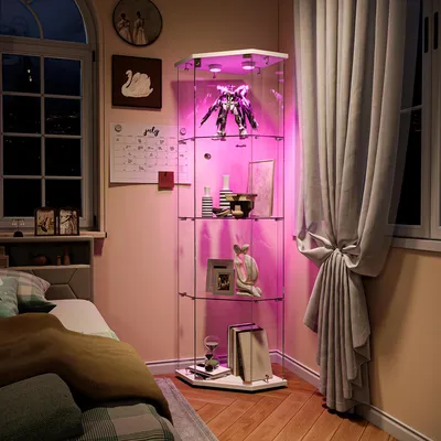 Produktbild von UnboxG 5-eckige Standvitrine mit LED-Beleuchtung Glasvitrine 1 Tür 4 Ablagen weiße Bodenplatte Eckvitrine für Wohnzimmer Esszimmer Büro 60x42,5x162 cm