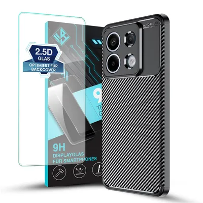 Produktbild von Handy Hülle für Xiaomi Redmi Note 13 Pro 5G mit 9H Displayglas Displayschutz Carbon Look Cover Case Schutzhülle Farbe: Schwarz