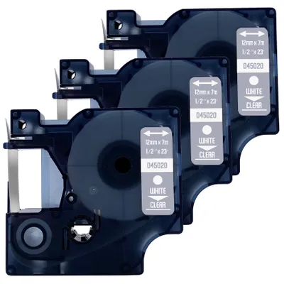 Produktbild von DULA Etikettenband - Kompatibel mit Dymo D1 45020 - 3 Stück - Weiß auf transparent - 12mm x 7m