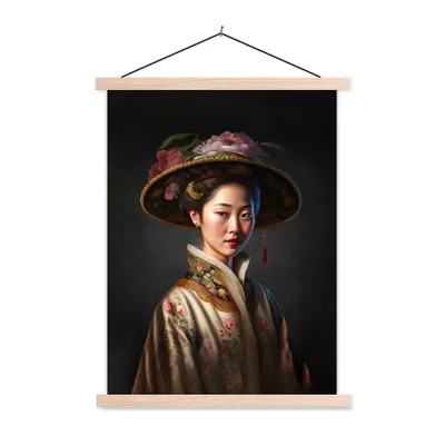 Produktbild von MuchoWow® Textilposter Frau - Porträt - Blumen - Hut - Asiatisch 40x53 cm mit holzfarbenen Rahmen - Schlafzimmer
