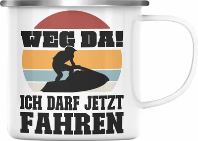 Produktbild von Trendation - Jetski Emaille Tasse Geschenk mit Spruch Jetski Sprüche Jetskifahrer (Silber)
