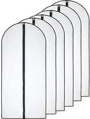 A row of six white garment bags with black zippers and trim, displayed side-by-side.