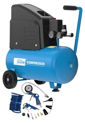 Güde Druckluft Kompressor 220-8-24 13-tlg. Set 8 Bar ölfrei Druckluftkompressor 1,5 kW 24 Liter Kessel 1 Zylinder Druckluftset 5m Schlauch Ausblaspistole Reifenfüller 369402 50128 4015671110527 Stabilo-Fachmarkt.de