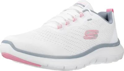 A single white athletic shoe with pink and gray accents is shown against a white background.