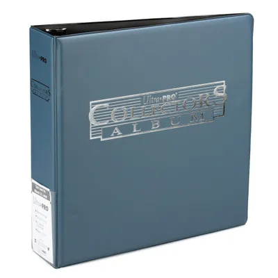 A blue binder for collecting cards.