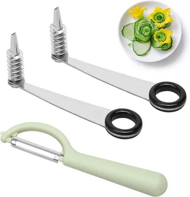 Imagen del producto de Pelador espiral de acero inoxidable, de 2 piezas, con cuchilla peladora, ideal para verduras y frutas