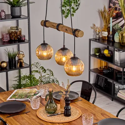 Produktbild von Villamare Hängelampe aus Metall/Holz/Riffelglas in Schwarz/Natur/Bernsteinfarben