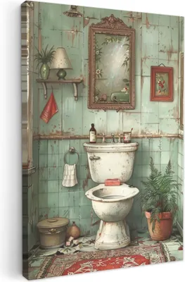 Produktbild von MuchoWow® - Leinwandbilder - Vintage - Toilette - Illustration, Wandbild, Wanddeko Bilder Wohnzimmer, 40x60 cm