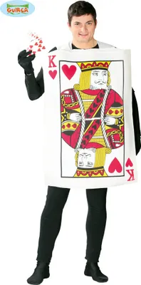 A man wearing a King of Hearts playing card costume.