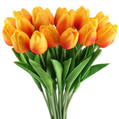 Obrázok produktu pre Umelé tulipány – sada 20 kusov – 34 cm – tulipány s realistickou textúrou – kvety s povrchom z latexu – oranžovožlté – umelé kvety vhodné do vázy a na dekoráciu interiéru
