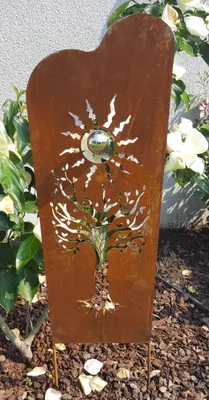 Produktbild von Beetstecker Skulptur Baum eckig Corten Kugel Edelstahl Dekoration Gartenstecker