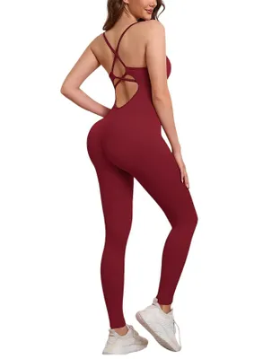 Produktbild von ASKSA Sport Jumpsuits fuer Damen Elastischer Figurformender Jumpsuit Damen Eng Nahtloser Bodysuit Bauchweg Overall Workout Body Einteiler Sportanzug,Weinrot,L