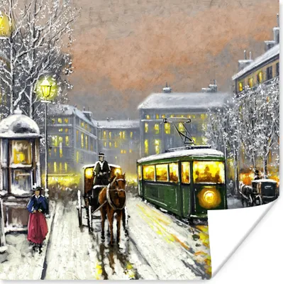 Produktbild von MuchoWow® Poster Gemälde - Ölgemälde - Winter - Straßenbahn - Pferd 50x50 cm - Wohnzimmerdekoration