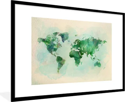Produktbild von MuchoWow® MuchoWow® Gerahmtes Poster Weltkarte - Aquarell - Grün 90x60 cm - Poster mit zchwarzem Bilderrahmen - Wanddekoration - Fotos