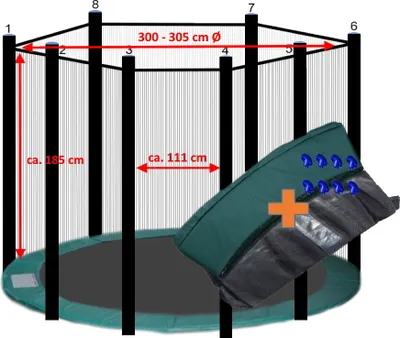Produktbild von walexo Trampolin Randabdeckung + Sicherheitsnetz für 8 Stangensystem ( 305 cm Ø, Grün/Schwarz )