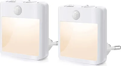 Two white plug-in night lights with motion sensors are shown side-by-side against a white background.