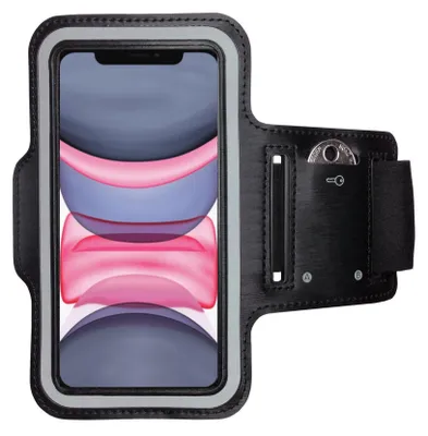 A black armband for a smartphone, with a smartphone inserted.